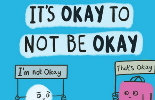 remote work mental health Cartoon 2 figures and a statement of It's OK not to be OK
remote work